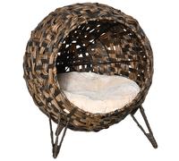 PawHut Cama Cueva de Ratán para Gatos o Mascotas Pequeña con Base Trípode Cojín de Felpa y Algodón Suave Φ52x58 cm Madera Natural Aosom España