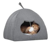 PawHut Cama cueva para gatos de interior, casa para gatos con cojín extraíble y bola teaser, iglú de gatito con base antideslizante, 42 x 42 x 39 cm, gris