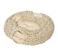 PawHut Cama de Ratán para Gatos 78x69x22 cm con Cojín Suave, 3 Orificios de Acceso y Túnel de Madera Natural