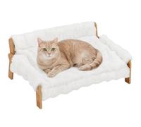 PawHut Cama Elevada para Perros con Estructura de Madera, Cojín de Felpa, Funda Extraíble y Patas Antideslizantes, para Perros Mini hasta 5 kg o 1 Gato hasta 8 kg, 70 x 47 x 30 cm
