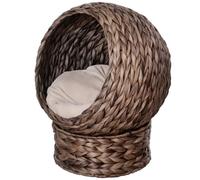 PawHut Cama elevada tejida a mano para gatos de interior 60cm Gris | Cojín suave, cesta cama para gatos con soporte, casa de mimbre elevada