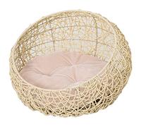 PawHut Cama para Gatos de ratán Cueva para Gatos con cojín Cesta para Gatos Cama para Perros Lugar para Dormir para Gatos Perrera para Mascotas para Gatos Perros Beige Ø56 x 35 cm