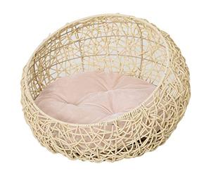PawHut Cama para Gatos de ratán Cueva para Gatos con cojín Cesta para Gatos Cama para Perros Lugar para Dormir para Gatos Perrera para Mascotas para Gatos Perros Beige Ø56 x 35 cm