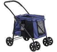 PawHut Carrito 4 ruedas para mascotas para razas medianas azul oscuro | Carrito perro, puerta enrollable, cojín, correas de seguridad