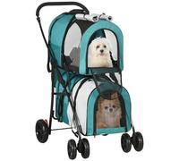 PawHut Carrito Doble para Perros Gatos Cochecito Plegable para Mascotas con 2 Transportines Extraíbles Cinturón de Seguridad Bolsillos Laterales y 2 Cojines Cada Carga 10 kg 66x50x98 cm, Verde