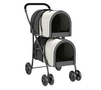 PawHut Carrito Doble para Perros Gatos Cochecito Plegable para Mascotas con 2 Transportines Extraíbles Cinturón de Seguridad Bolsillos Laterales y 2 Cojines Cada Carga 10 kg 66x50x98 cm Gris Oscuro