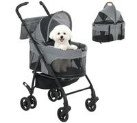 PawHut Carrito mascotas plegable extraíble perros gatos mini Gris | Carrito para mascotas, ruedas, cesta, correa segura, cochecito 4 ruedas, carriola de viaje