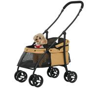 PawHut Carrito para Perros Plegable para Perros Pequeños Carga 10 kg Café | Cochecito para Mascotas, Ventanas de Malla, Cojín Lavable, Correas de Seguridad, Marco de Acero