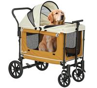 PawHut Carrito para Perros 2 en 1 Plegable para Perros y Gatos de hasta 30 kg, con cojín, Ventanas de Red, 2 Puertas, Bolsa de Almacenamiento, Carrito para Gatos, Color marrón