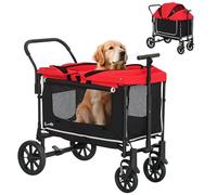 PawHut Carrito para Perros 2 en 1 Plegable para Perros y Gatos de hasta 30 kg, con cojín, Ventanas de Red, 2 Puertas, Bolsa de Almacenamiento, Carrito para Gatos, Color Rojo