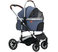 PawHut Carrito para Perros 3 en 1 Cochecito para perros plegable para Gatos hasta 10 kg Carrito de Gatos con Cojín Portavasos Azul Aosom España
