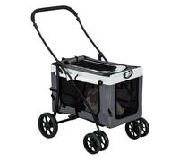 PawHut Carrito para Perros 2 en 1 Cochecito para Perros Pequeños Plegable Cochecito para Mascotas con Vagón Desmontable 4 Puertas con Cremallera 2 Correas de Seguridad y Cojín Gris