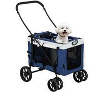 PawHut Carrito para Perros 4 en 1, Cochecito para Perros Plegable, Transportín para Mascotas con Vagón Desmontable, Cojín, Carga 10 kg, para Pequeños, Azul