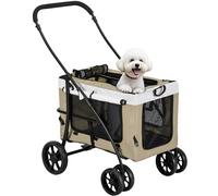 PawHut Carrito para Perros 4 en 1, Cochecito para Perros Plegable, Transportín para Mascotas con Vagón Desmontable, Cojín, Carga 10 kg, para Pequeños, Caqui