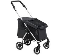 PawHut Carrito para perros 4 ruedas ligero y plegable, cojín lavable, correa de seguridad, ventanas de malla múltiples, Gris Aosom España
