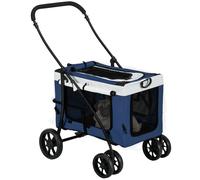 PawHut Carrito para Perros 4 en 1, Cochecito para Perros Plegable, Transportín para Mascotas con Vagón Desmontable, Cojín, Carga 10 kg, para Pequeños, Azul