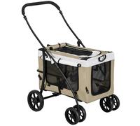 PawHut Carrito para Perros 2 en 1 Cochecito para Perros Pequeños Plegable Cochecito para Mascotas con Vagón Desmontable 4 Puertas con Cremallera 2 Correas de Seguridad y Cojín Caqui