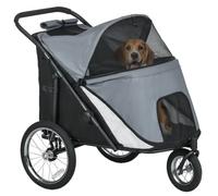 PawHut Carrito para perros con ventanas de malla hasta 30 kg gris | Carrito plegable para gato con correa de seguridad, grandes ruedas de goma, tela Oxford.
