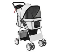 PawHut Carrito para Perros Gatos Plegable hasta 10 kg, Cochecito para Perros Pequeños con Ruedas de EVA y Frenos, Cesta de Almacenaje, Ventanas de Malla, Portavasos, Cojín Lavable, 77x44x102 cm, Gris