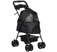 Pawhut carrito para perros plegable, cochecito para perros pequeños con cesta de almacenaje, ventanas de malla, portavasos y ruedas, carga 10 kg, 77x44x102 cm, negro