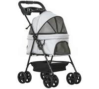 PawHut Carrito para Perros Pequeños con 4 Ruedas Freno Cesta Capota Correas de Seguridad y Ventanas 67x45x96 cm Gris Claro Aosom España