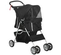 PawHut Carrito para Perros Pequeños con Toldo Ajustable Cesta de Almacenaje Portavasos y Ruedas 75x45x97 cm Negro