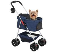 PawHut Carrito para Perros Plegable 3 en 1 Cochecito para Mascotas Carrito para Perros Miniatura con Cesta de Almacenaje Ventana de Malla Portavasos y 2 Ruedas Universales 76x50x102 cm Azul Oscuro