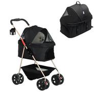PawHut Carrito para Perros Plegable 3 en 1 Cochecito para Mascotas Carrito para Perros Miniatura con Cesta de Almacenaje Ventana de Malla Portavasos y 2 Ruedas Universales 76x50x102 cm Negro