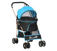 PawHut Carrito para Perros Plegable 3 en 1 Cochecito para Mascotas Carrito para Perros Pequeños con Vagón Desmontable Cesta de Almacenaje Correas de Seguridad y Cojín Carga 15 kg Azul