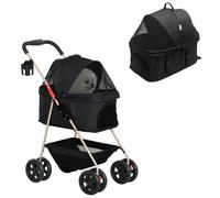 PawHut Carrito para Perros Plegable 3 en 1 con Cesta de Almacenaje Ventana de Malla y Sistema de Seguridad 76x50x102 cm Negro