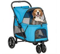 PawHut Carrito para Perros Plegable 3 Ruedas Frenos 92x63x95 cm Azul | Cochecito para Perros Medianos, Ventanas de Malla, Cojín Lavable, Bolsillo, Correas de Seguridad, Todo Terreno, Carga 20 kg