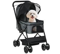 PawHut Carrito para Perros Plegable Carga 10 kg 76,5x52x95 cm Gris | Cochecito para Perros Pequeños, Cochecito para Mascotas, Mango Reversible, Ventana de Malla, Cesta y Cuerda de Seguridad