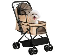 PawHut Carrito para Perros Plegable Carga 10 kg 76,5x52x95 cm Marrón | Cochecito para Perros Pequeños, Cochecito para Mascotas, Mango Reversible, Ventana de Malla, Cesta y Cuerda de Seguridad