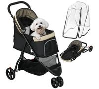 PawHut Carrito para Perros Plegable Carrito para Perros Pequeños con Cubierta para Lluvia Ventana de Malla Cesta y 2 Ruedas Universales Carga 15 kg 80,5x51,5x100 cm Caqui