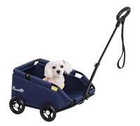 PawHut Carrito para Perros Plegable Cochecito para Mascotas Carrito para Perros Miniatura con Barra de Empuje Ajustable Diseño Abierto Cojín Bolsa de Almacenamiento y Ruedas 53x45x28 cm Azul Oscuro