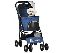 PawHut Carrito para Perros Plegable Cochecito para Mascotas Carrito para Perros Pequeños con Cesta Capota Ajustable Ventana de Malla y 2 Ruedas Universales Carga 15 kg 81x48x99 cm Azul Oscuro
