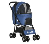 PawHut Carrito para Perros Plegable Cochecito para Mascotas Carrito para Perros Pequeños con Cesta Capota Ajustable Ventana de Malla y 2 Ruedas Universales Carga 15 kg 81x48x99 cm Azul Oscuro