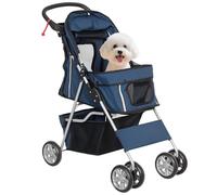 PawHut Carrito para Perros Plegable Cochecito para Mascotas Carrito para Perros Pequeños con Toldo Ajustable Cesta Ventanas de Malla Portavasos y Ruedas Carga 15 kg 75x45x97 cm Azul Oscuro