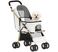 PawHut Carrito para Perros Plegable Cochecito para Mascotas con 2 Puertas Ventana de Malla Cesta de Almacenamiento Cuerda de Seguridad y Cojín Carga 15 kg 80x44,5x97 cm Gris Claro