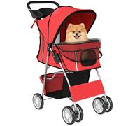 PawHut Carrito para Perros Plegable, Cochecito para Perros Pequeños con Cesta de Almacenaje, Ventanas de Malla, Portavasos, Ruedas de EVA, Cojín Lavable, Frenos, Carga 10 kg, 77x44x102 cm, Rojo