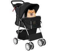 PawHut Carrito para Perros Plegable, Cochecito para Perros Pequeños con Cesta de Almacenaje, Ventanas de Malla, Portavasos, Ruedas de EVA, Cojín Lavable, Frenos, Carga 10 kg, 77x44x102 cm, Negro