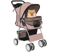 PawHut Carrito para Perros Plegable, Cochecito para Perros Pequeños con Cesta de Almacenaje, Ventanas de Malla, Portavasos, Ruedas de EVA y Frenos, Cojín Lavable, hasta 10 kg, 77x44x102 cm, Café