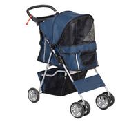 PawHut Carrito para Perros Plegable, Cochecito para Perros Pequeños con Cesta de Almacenaje, Ventanas de Malla, Portavasos, Ruedas de EVA, Cojín Lavable, Frenos, Carga 10 kg, 75x45x97 cm, Azul Oscuro