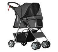PawHut Carrito para Perros Plegable Cochecito para Mascotas Carrito para Perros Pequeños con Toldo Ajustable Cesta Ventanas de Malla Portavasos y Ruedas Carga 15 kg 75x45x97 cm Gris Oscuro