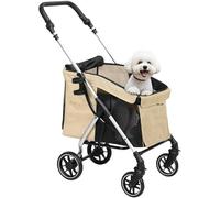 PawHut Carrito para Perros Plegable, Cochecito para Perros Pequeños y Seniors, Hasta 10 kg, Ruedas con Frenos 360º, Marco de Aluminio, Correa de Seguridad, Cojín Lavable y Ventanas, Caqui
