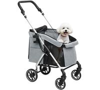 PawHut Carrito para Perros Plegable, Cochecito para Perros Pequeños y Seniors, Hasta 10 kg, Ruedas con Frenos 360º, Marco de Aluminio, Correa de Seguridad, Cojín Lavable y Ventanas, Gris