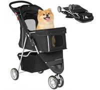PawHut Carrito para Perros Plegable con Ruedas 10 kg 77x44x102 cm Negro | Cochecito para Mascotas, Cesta de Almacenaje, Ventanas de Malla, 2 Ruedas Universales, Carga 15 kg
