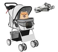 PawHut Carrito para Perros Plegable hasta 10 kg, Cochecito para Perros Pequeños con Ruedas de EVA y Frenos, Cesta de Almacenaje, Ventanas de Malla, Portavasos, Cojín Lavable, 77x44x102 cm, Gris