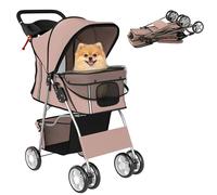 PawHut Carrito para Perros Plegable hasta 10 kg, Cochecito para Perros Pequeños con Ruedas de EVA y Frenos, Cesta de Almacenaje, Ventanas de Malla, Portavasos, Cojín Lavable, 77x44x102 cm, Café