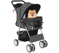 PawHut Carrito para Perros Plegable hasta 10 kg, Cochecito para Perros Pequeños con Ruedas de EVA y Frenos, Cesta de Almacenaje, Ventanas de Malla, Portavasos, Cojín Lavable, 75x45x97 cm, Gris Oscuro